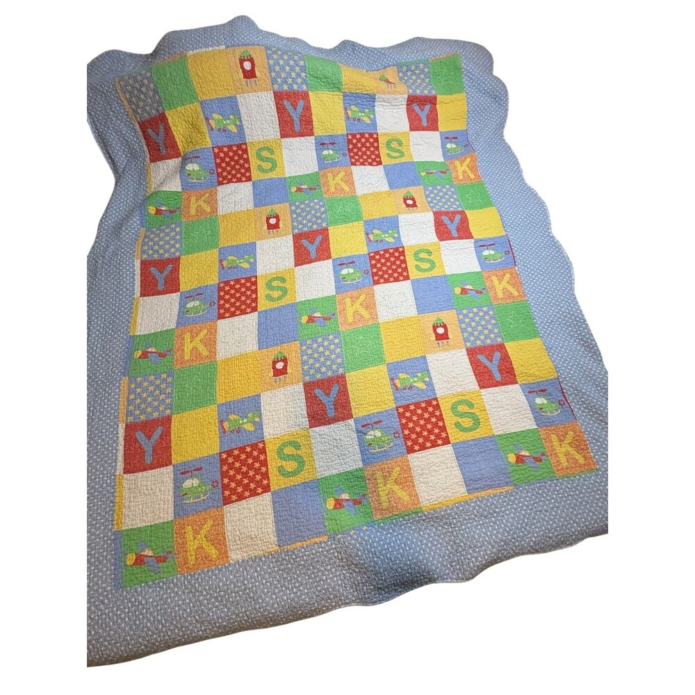 Quilt Airplane Sky Helicopter Blue Green Checkered Back Flaw 68”79” Twin